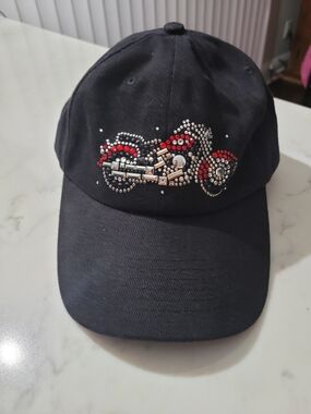 Christine Alexander Black Hat with Red & Silver Studded Motorcycle